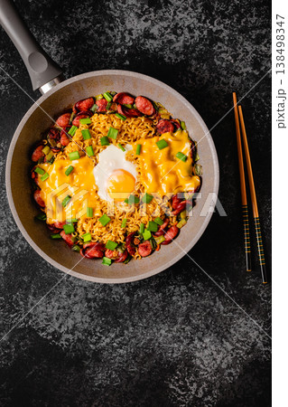 Korean style instant noodle, Shin Ramyeon with sausages 138498347