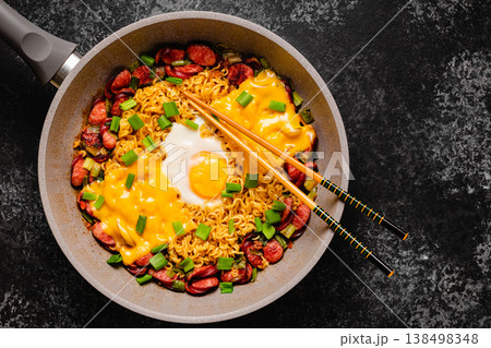 Korean style instant noodle, Shin Ramyeon with sausages Korean style instant noodle, Shin Ramyeon with sausages 138498348