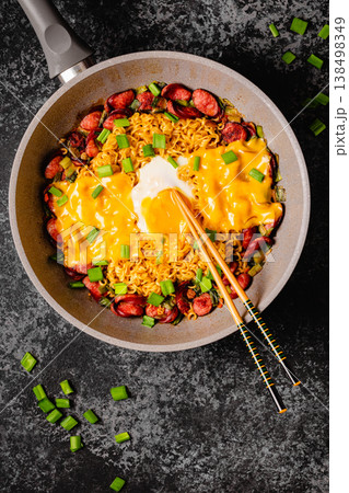 Korean style instant noodle, Shin Ramyeon with sausages 138498349