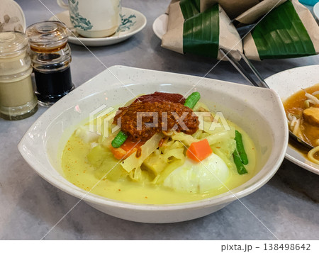 マレーシア料理ロントン（lontong）ココナッツ野菜煮込みとライスケーキ 138498642