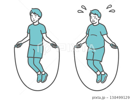 縄跳びをする標準体型の男性とぽっちゃり男性の比較セットイラスト 138499129