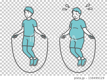 縄跳びをする標準体型の男性とぽっちゃり男性の比較セットイラスト 138499129