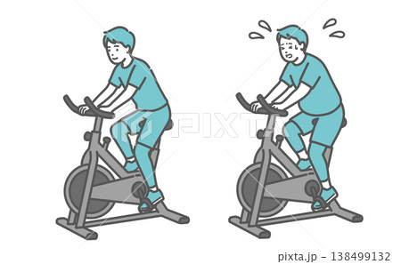 フィットネスバイクを漕ぐ標準体型の男性とぽっちゃり男性の比較セットイラスト 138499132