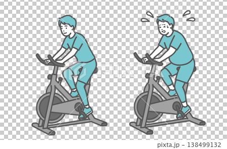 フィットネスバイクを漕ぐ標準体型の男性とぽっちゃり男性の比較セットイラスト 138499132