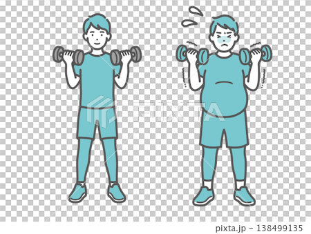 一組插圖，對比了一名標準身材的男子和一名體型偏胖的男子進行啞鈴訓練的情況。 138499135