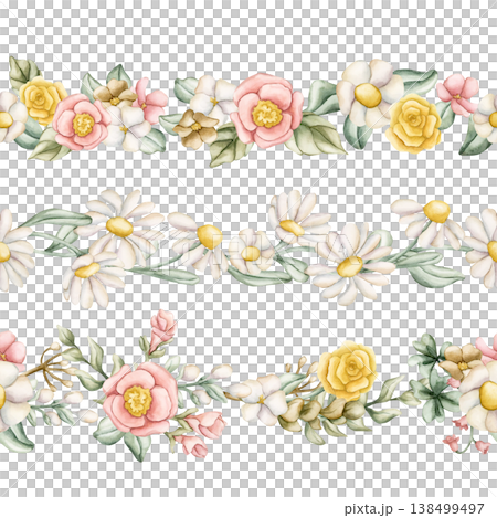 Cute Colourful Meadow Flowers Seamless Border Set. Wildflowers Watercolor summer spring bloom floral illustration hand painted isolated on white background for nursery baby kids design fresh textile Cute Colourful Meadow Flowers Seamless Border Set. Wildflowers Watercolor summer spring bloom floral illustration hand painted isolated on white background for nursery baby kids design fresh textile 138499497