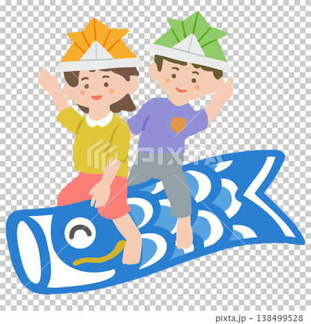 一個女孩和一個男孩騎在鯉魚飄帶上 一個女孩和一個男孩騎在鯉魚飄帶上 138499528