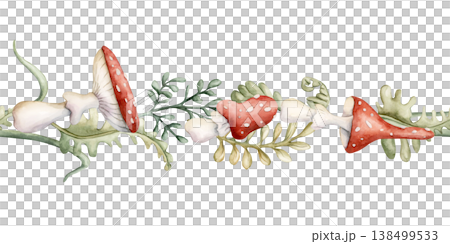Cute Fly Agaric Mushrooms Fern Seamless Border. Watercolor summer floral forest illustration hand painted isolated on white background nursery baby kids design fresh whimsical prints mystery textile 138499533