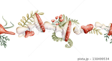 Cute Fly Agaric Mushrooms Fern Seamless Border. Watercolor summer floral forest illustration hand painted isolated on white background nursery baby kids design fresh whimsical prints mystery textile Cute Fly Agaric Mushrooms Fern Seamless Border. Watercolor summer floral forest illustration hand painted isolated on white background nursery baby kids design fresh whimsical prints mystery textile 138499534