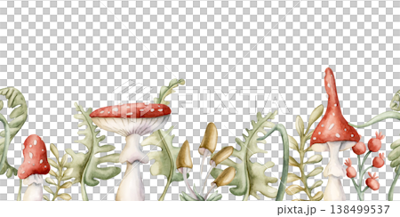 Cute Fly Agaric Mushrooms Fern Seamless Border. Watercolor summer floral forest illustration hand painted isolated on white background nursery baby kids design fresh whimsical prints mystery textile Cute Fly Agaric Mushrooms Fern Seamless Border. Watercolor summer floral forest illustration hand painted isolated on white background nursery baby kids design fresh whimsical prints mystery textile 138499537