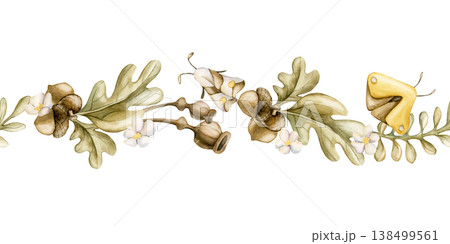 Acorns Oak leaves Poppy Boxes Butterfly Seamless Border. Cute Watercolor summer floral forest illustration hand painted isolated on white background for nursery baby kids design fresh prints textile 138499561
