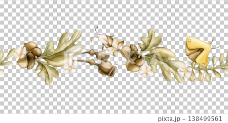 Acorns Oak leaves Poppy Boxes Butterfly Seamless Border. Cute Watercolor summer floral forest illustration hand painted isolated on white background for nursery baby kids design fresh prints textile 138499561