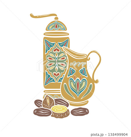 Turkish coffee grinder with jar, dates dessert. Hand drawn vector illustration isolated. For cookbooks designs, magazines, oriental coffee houses and dishware, holidays, postcards banners clip arts. Turkish coffee grinder with jar, dates dessert. Hand drawn vector illustration isolated. For cookbooks designs, magazines, oriental coffee houses and dishware, holidays, postcards banners clip arts. 138499904