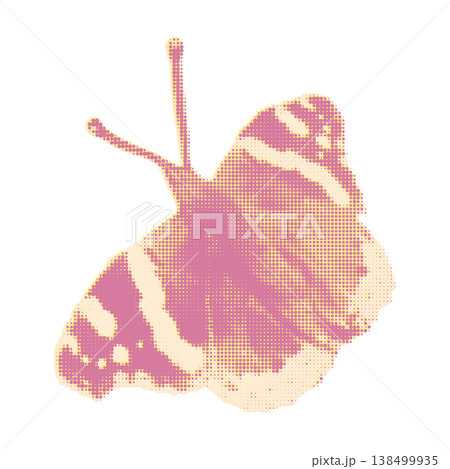 Halftone butterfly collage element. Duotone paper clipping with vintage risograph dot texture. Modern retro vector illustration for mixed media design and scrapbook isolated on transparent background 138499935