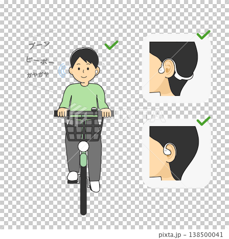 騎自行車時使用耳機:「如果使用得當,就沒問題」-安全騎乘的圖示和說明。 騎自行車時使用耳機:「如果使用得當,就沒問題」-安全騎乘的圖示和說明。 138500041