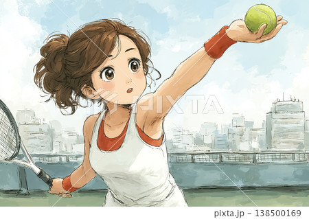 美優シリーズ：サーブのためにボールを高く上げる女子テニス選手｜試合前の動作が伝わるイラスト素材 138500169