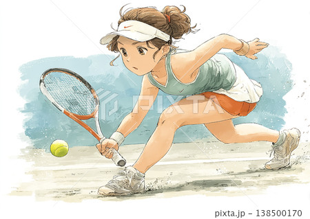 低い姿勢でボールを追う女子テニス選手｜競技スポーツのイラスト素材 138500170