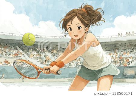 観客の前でボールを打ち返す女子テニス選手|試合会場の競技スポーツイラスト素材 観客の前でボールを打ち返す女子テニス選手|試合会場の競技スポーツイラスト素材 138500171