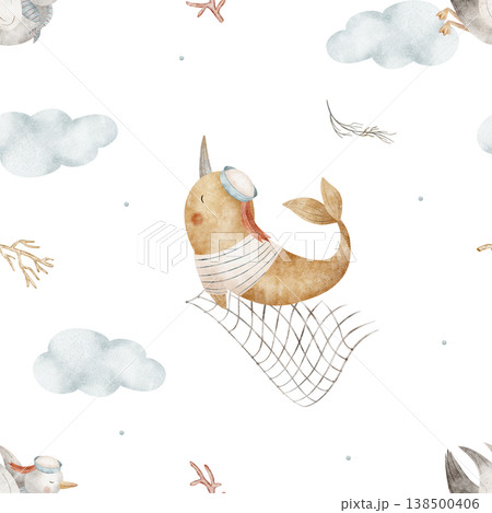Pattern whale narwhal, seagulls sailors in clouds, seine, seaweed, corals. Watercolor illustration fish bird hand-drawn in nautical children's style, isolated background for design fabrics wallpaper Pattern whale narwhal, seagulls sailors in clouds, seine, seaweed, corals. Watercolor illustration fish bird hand-drawn in nautical children's style, isolated background for design fabrics wallpaper 138500406