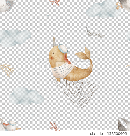 Pattern whale narwhal, seagulls sailors in clouds, seine, seaweed, corals. Watercolor illustration fish bird hand-drawn in nautical children's style, isolated background for design fabrics wallpaper Pattern whale narwhal, seagulls sailors in clouds, seine, seaweed, corals. Watercolor illustration fish bird hand-drawn in nautical children's style, isolated background for design fabrics wallpaper 138500406