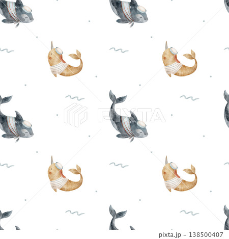 Pattern narwhal, killer whale, sailors clothing, wave. Hand-drawn watercolor illustration in childish nautical style. Print isolated from background for fabric design textiles baby wallpaper postcards Pattern narwhal, killer whale, sailors clothing, wave. Hand-drawn watercolor illustration in childish nautical style. Print isolated from background for fabric design textiles baby wallpaper postcards 138500407