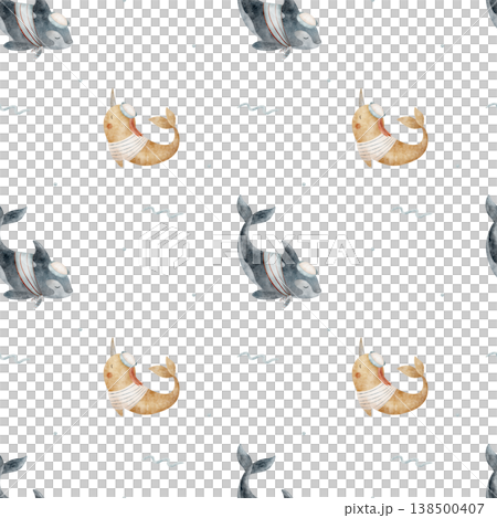 Pattern narwhal, killer whale, sailors clothing, wave. Hand-drawn watercolor illustration in childish nautical style. Print isolated from background for fabric design textiles baby wallpaper postcards Pattern narwhal, killer whale, sailors clothing, wave. Hand-drawn watercolor illustration in childish nautical style. Print isolated from background for fabric design textiles baby wallpaper postcards 138500407