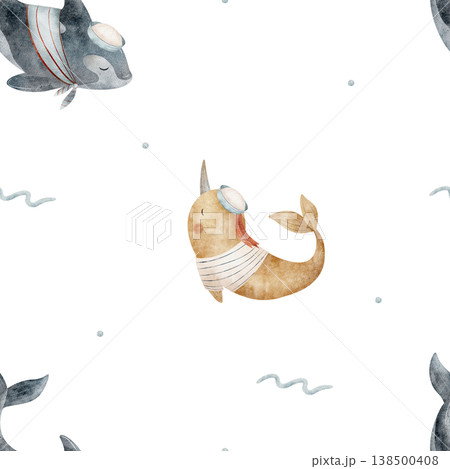 Pattern narwhal, killer whale, sailors clothing, wave. Hand-drawn watercolor illustration in childish nautical style. Print isolated from background for fabric design textiles baby wallpaper postcards 138500408