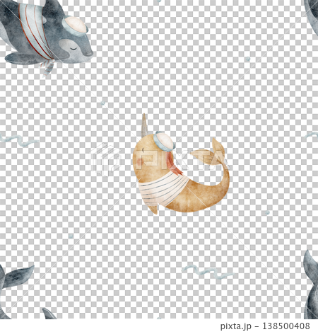 Pattern narwhal, killer whale, sailors clothing, wave. Hand-drawn watercolor illustration in childish nautical style. Print isolated from background for fabric design textiles baby wallpaper postcards 138500408