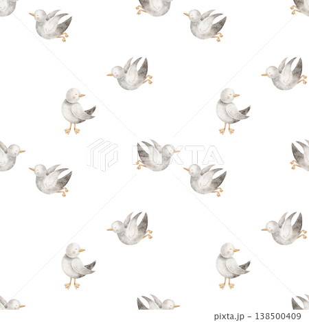 Pattern seabirds seagulls flying. Watercolor illustrations birds hand-drawn in nautical children's cute style. Isolated background for fabric design clothing textiles nursery wallpaper postcards Pattern seabirds seagulls flying. Watercolor illustrations birds hand-drawn in nautical children's cute style. Isolated background for fabric design clothing textiles nursery wallpaper postcards 138500409