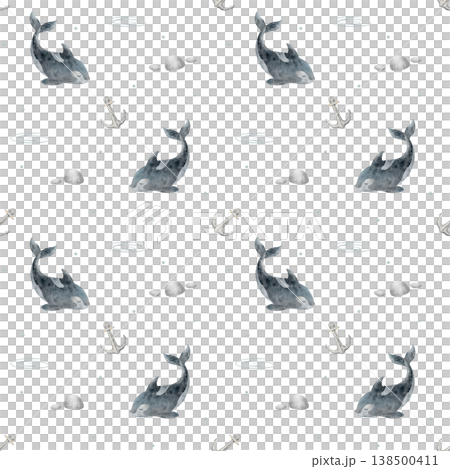 Pattern killer whale, anchor, stones, rock, wave. Hand-drawn watercolor illustration fish in childish nautical style. Print isolated from background for fabric design textiles baby wallpaper packaging 138500411