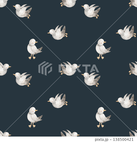 Pattern seabirds seagulls flying. Watercolor illustrations birds hand-drawn in nautical children's cute style, on dark blue background for fabric design clothing textiles nursery wallpaper postcards Pattern seabirds seagulls flying. Watercolor illustrations birds hand-drawn in nautical children's cute style, on dark blue background for fabric design clothing textiles nursery wallpaper postcards 138500421