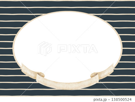 Frame ribbon banner, beige stripes. Hand-drawn watercolor illustration in nautical retro children's style. Template on blue background lines for design travelling marine postcards greeting invitations Frame ribbon banner, beige stripes. Hand-drawn watercolor illustration in nautical retro children's style. Template on blue background lines for design travelling marine postcards greeting invitations 138500524