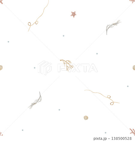 Pattern seaweed, starfish, corals. Watercolor illustration sea shell hand-drawn in nautical children's style. Endless summer print on isolated background for fabric textile packaging clothes wallpaper Pattern seaweed, starfish, corals. Watercolor illustration sea shell hand-drawn in nautical children's style. Endless summer print on isolated background for fabric textile packaging clothes wallpaper 138500528
