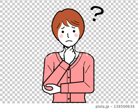Facing forward. A young woman wearing a cardigan, with her hand on her chin and a troubled expression. Facing forward. A young woman wearing a cardigan, with her hand on her chin and a troubled expression. 138500638