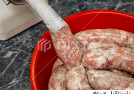 Cooking sausages raw minced meat using natural shell meat grinder home Cooking sausages raw minced meat using natural shell meat grinder home 138501133