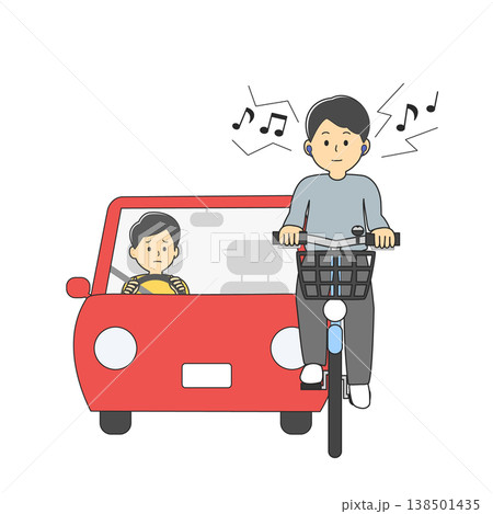 自転車の両耳イヤホン運転で後続車が困惑するイラスト 危険行為 違反 NG 迷惑 自転車の両耳イヤホン運転で後続車が困惑するイラスト 危険行為 違反 NG 迷惑 138501435