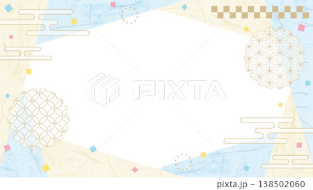 和風のデザインフレーム、和紙、紙吹雪、和柄のデコレーション、背景、16:9サイズ 138502060