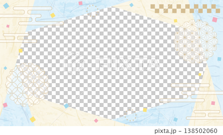 和風のデザインフレーム、和紙、紙吹雪、和柄のデコレーション、背景、16:9サイズ 138502060