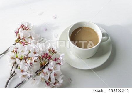 桜の枝とカフェオレのカップ 春のカフェタイムと余白 桜の枝とカフェオレのカップ 春のカフェタイムと余白 138502246