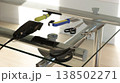 Pet grooming at home: haircutting tools, scissors, comb, trimmer 138502271