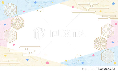 和風のデザインフレーム、和紙、紙吹雪、和柄のデコレーション、背景、16:9サイズ 138502378
