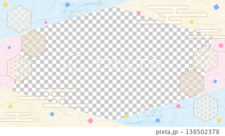 和風のデザインフレーム、和紙、紙吹雪、和柄のデコレーション、背景、16:9サイズ 138502378