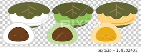 A set of illustrations showing the appearance and cross-section of Kashiwa Mochi (rice cake wrapped in an oak leaf). 138502435