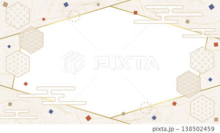和風のデザインフレーム、和紙、紙吹雪、和柄のデコレーション、背景、16:9サイズ 138502459