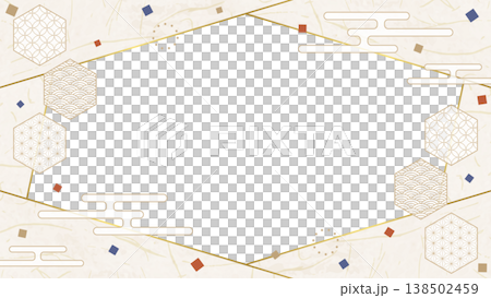 和風のデザインフレーム、和紙、紙吹雪、和柄のデコレーション、背景、16:9サイズ 138502459