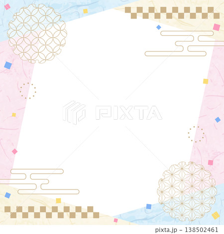 和風のデザインフレーム、和紙、紙吹雪、和柄のデコレーション、背景、正方形サイズ 138502461