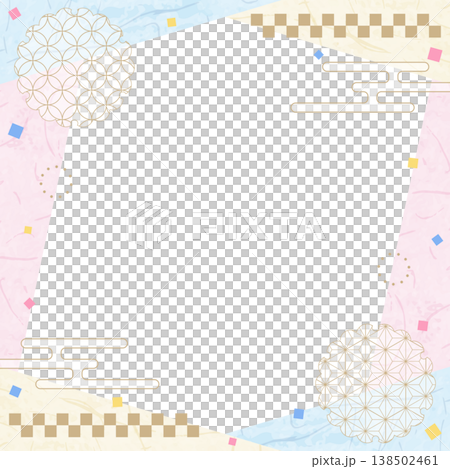 和風のデザインフレーム、和紙、紙吹雪、和柄のデコレーション、背景、正方形サイズ 138502461
