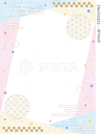 和風のデザインフレーム、和紙、紙吹雪、和柄のデコレーション、背景、縦向き 138502462