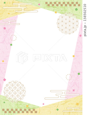 和風のデザインフレーム、和紙、紙吹雪、和柄のデコレーション、背景、縦向き 138502510