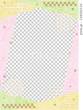 和風のデザインフレーム、和紙、紙吹雪、和柄のデコレーション、背景、縦向き 138502510